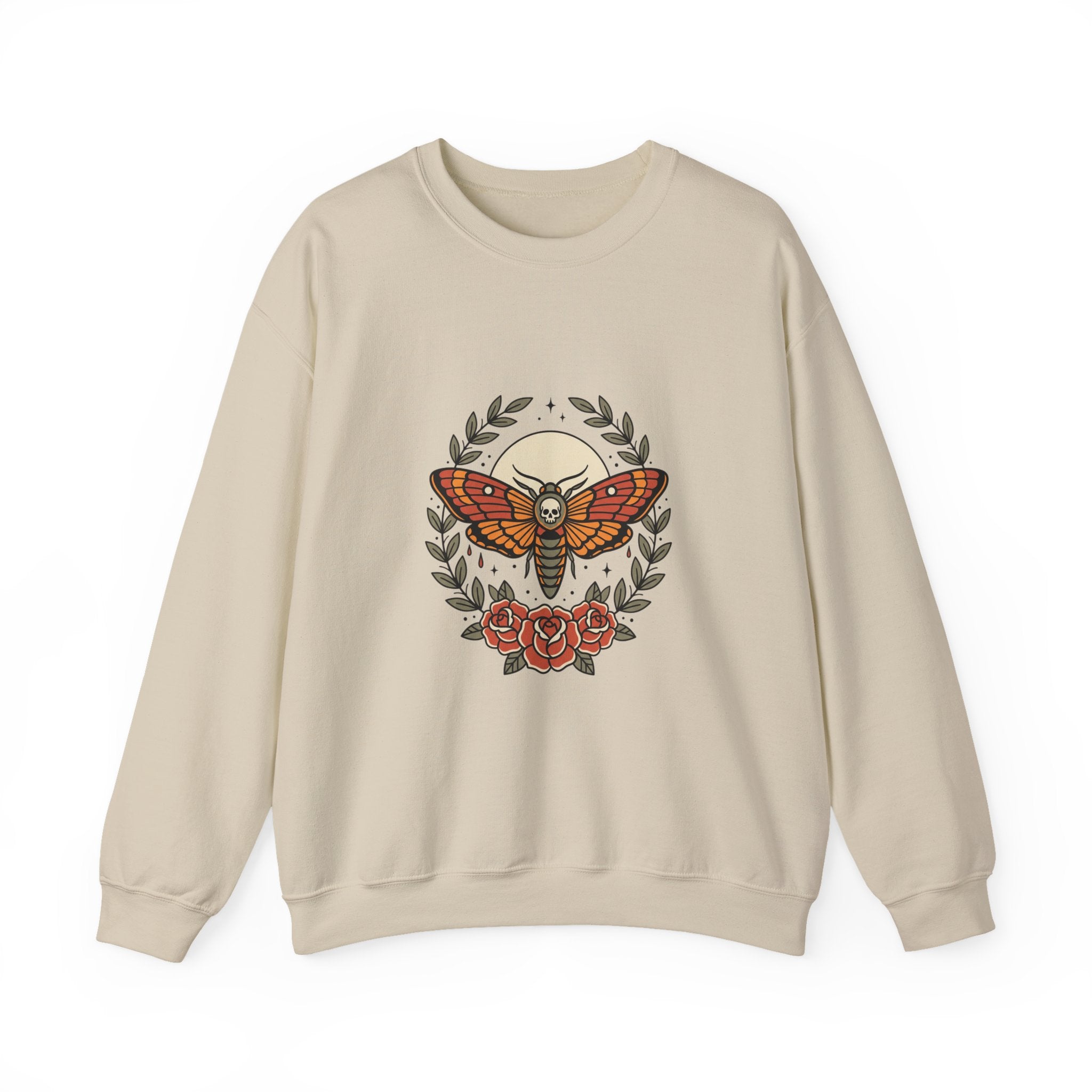 Moth & Roses Traditional Tattoo Crewneck Sweatshirt | Vintage Flash, Bold Outline