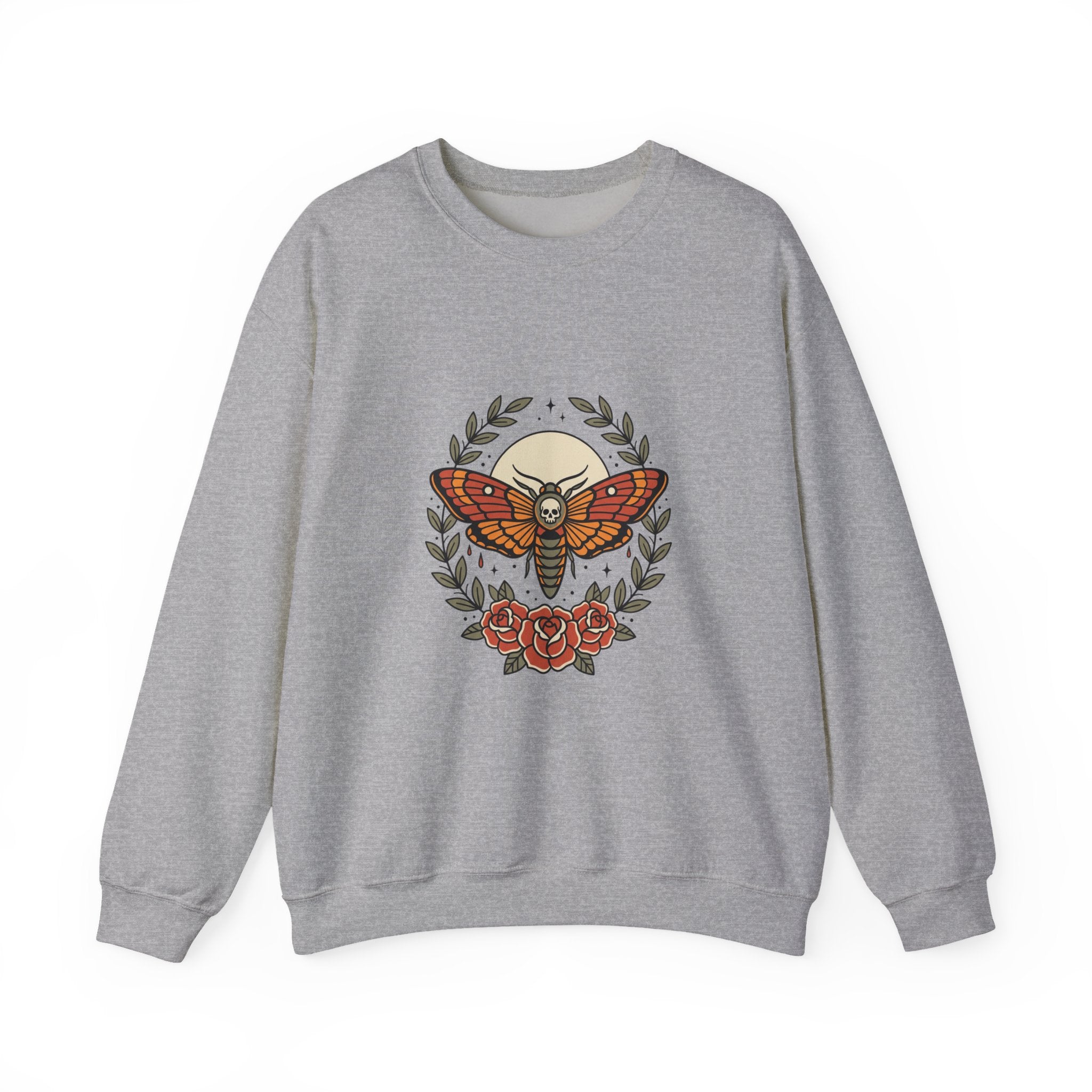 Moth & Roses Traditional Tattoo Crewneck Sweatshirt | Vintage Flash, Bold Outline