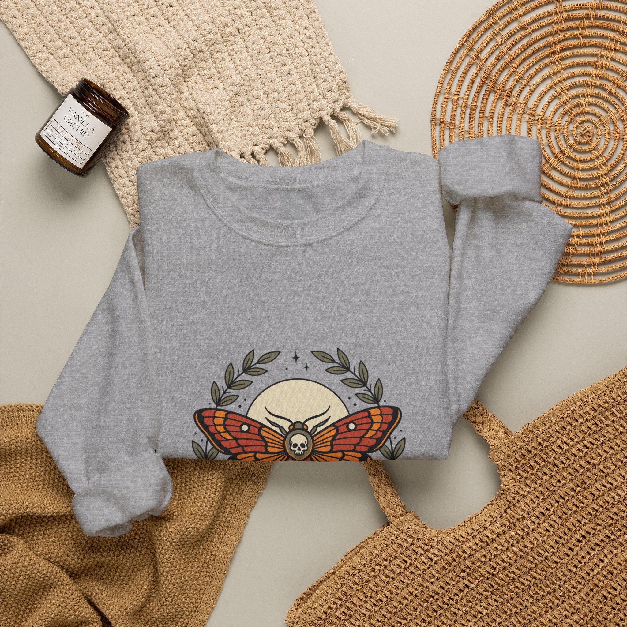 Moth & Roses Traditional Tattoo Crewneck Sweatshirt | Vintage Flash, Bold Outline