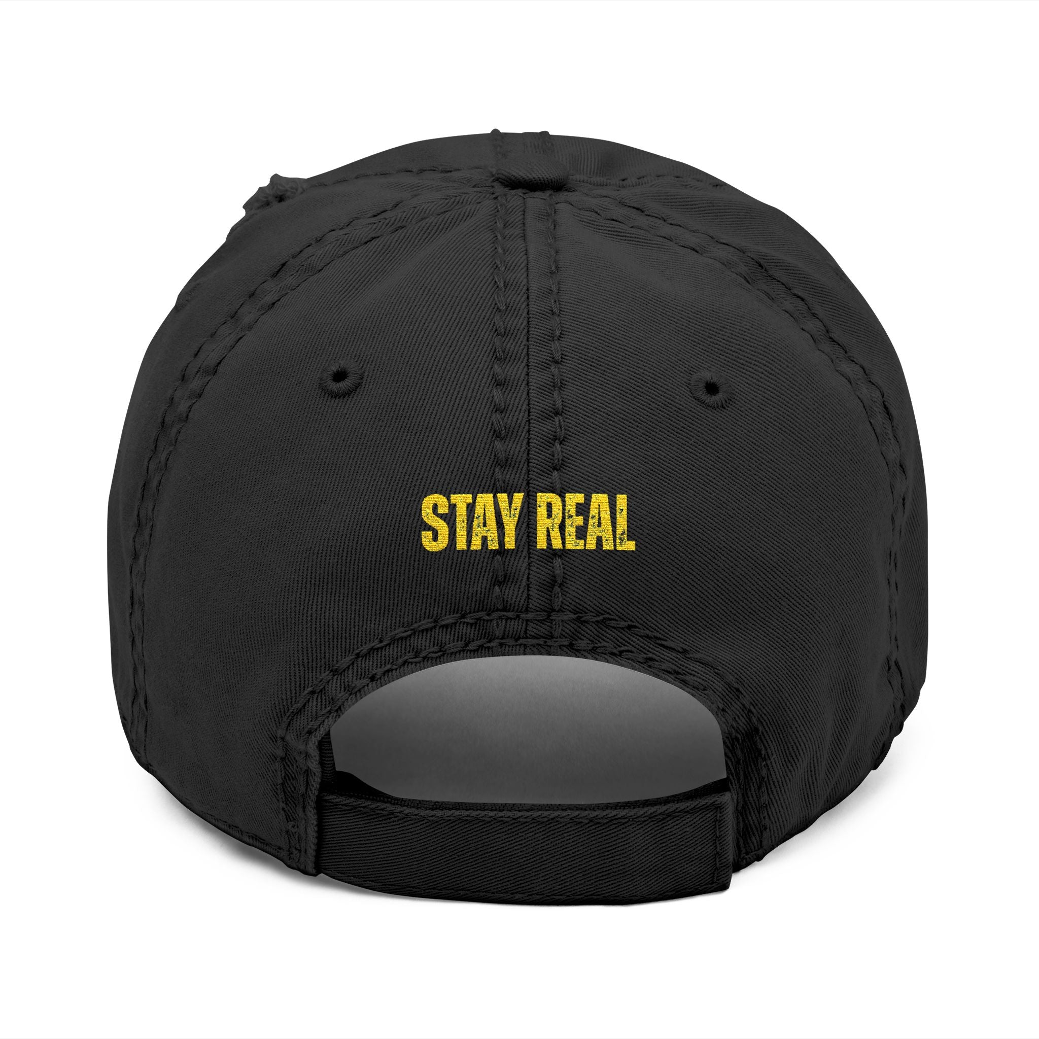 Distressed Embroidered Dad Hat — 'FIGIDI' Logo Front & 'STAY REAL' Back