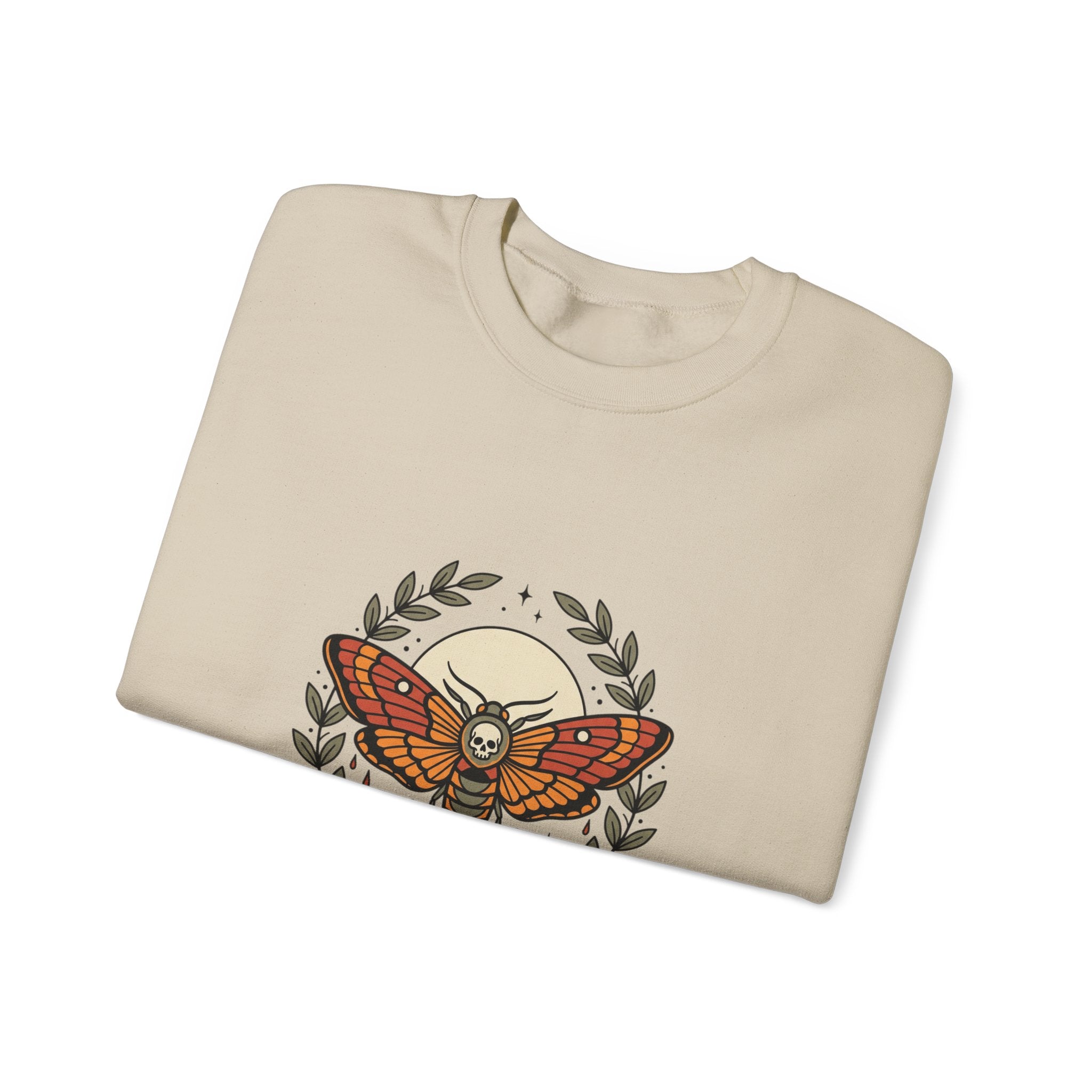 Moth & Roses Traditional Tattoo Crewneck Sweatshirt | Vintage Flash, Bold Outline