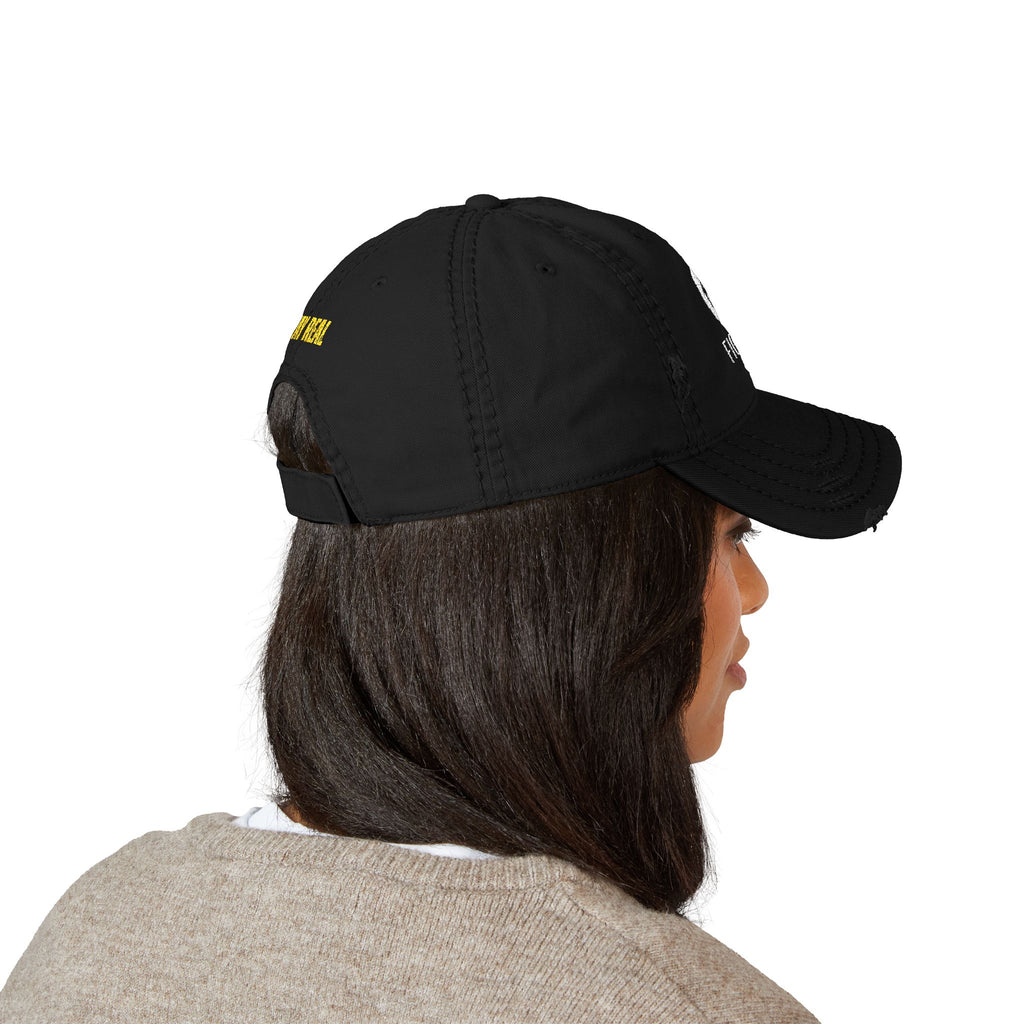 Distressed Embroidered Dad Hat — 'FIGIDI' Logo Front & 'STAY REAL' Back