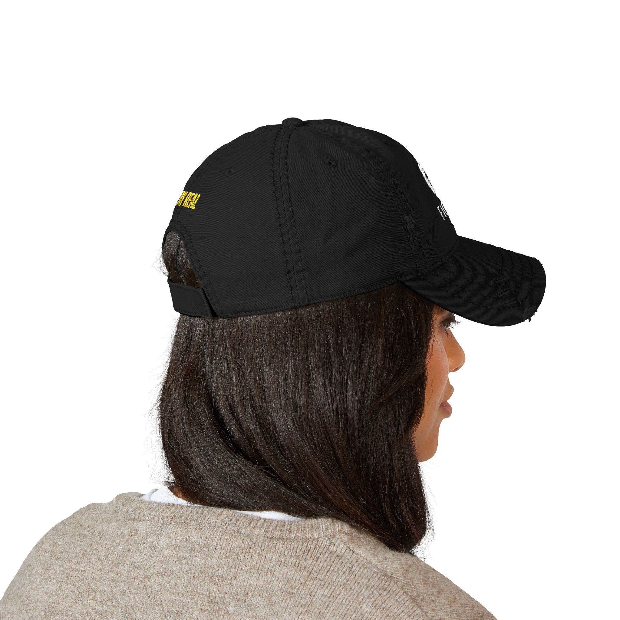 Distressed Embroidered Dad Hat — 'FIGIDI' Logo Front & 'STAY REAL' Back