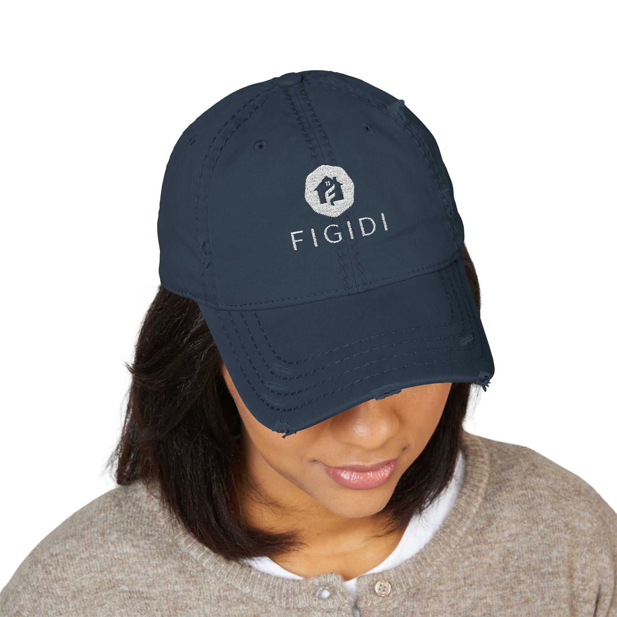 Distressed Embroidered Dad Hat — 'FIGIDI' Logo Front & 'STAY REAL' Back