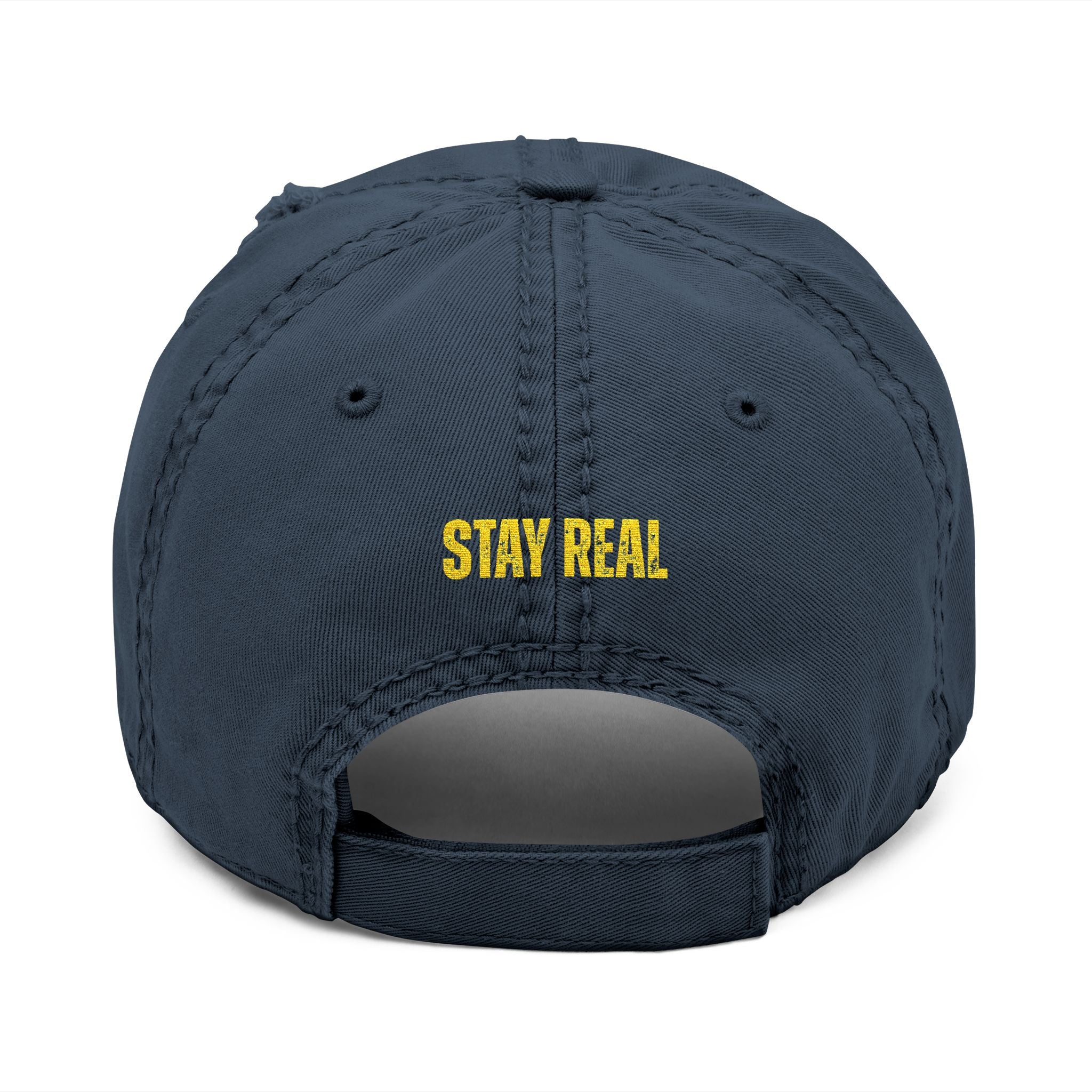 Distressed Embroidered Dad Hat — 'FIGIDI' Logo Front & 'STAY REAL' Back