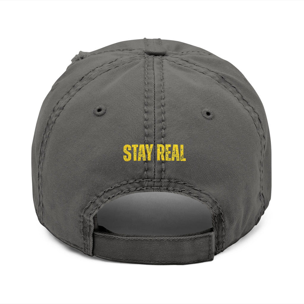 Distressed Embroidered Dad Hat — 'FIGIDI' Logo Front & 'STAY REAL' Back