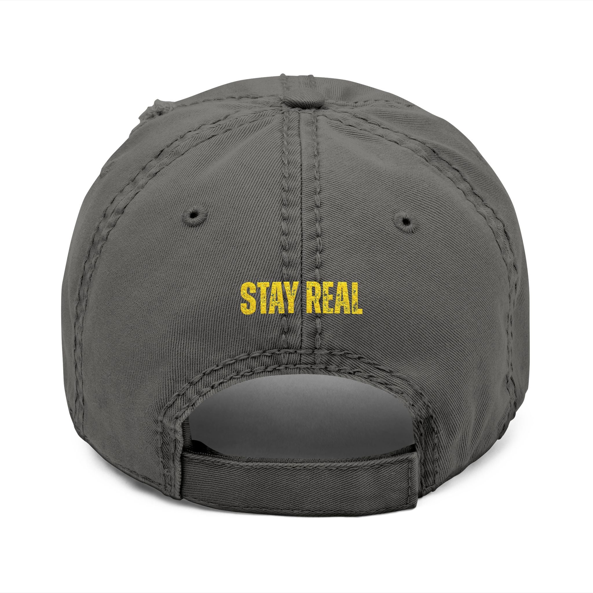 Distressed Embroidered Dad Hat — 'FIGIDI' Logo Front & 'STAY REAL' Back