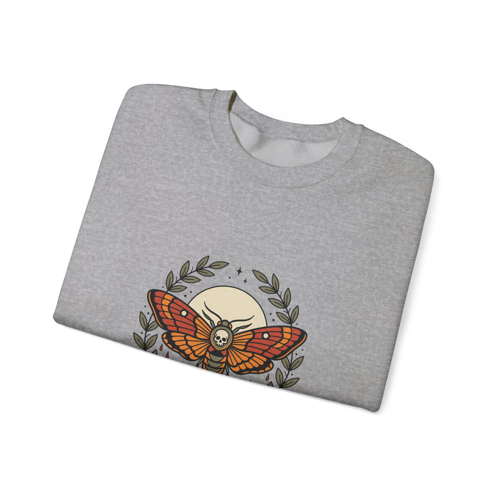 Moth & Roses Traditional Tattoo Crewneck Sweatshirt | Vintage Flash, Bold Outline