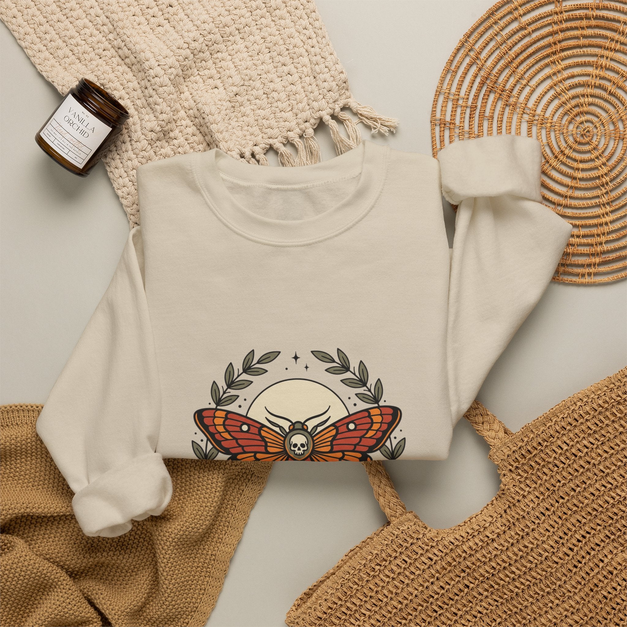 Moth & Roses Traditional Tattoo Crewneck Sweatshirt | Vintage Flash, Bold Outline