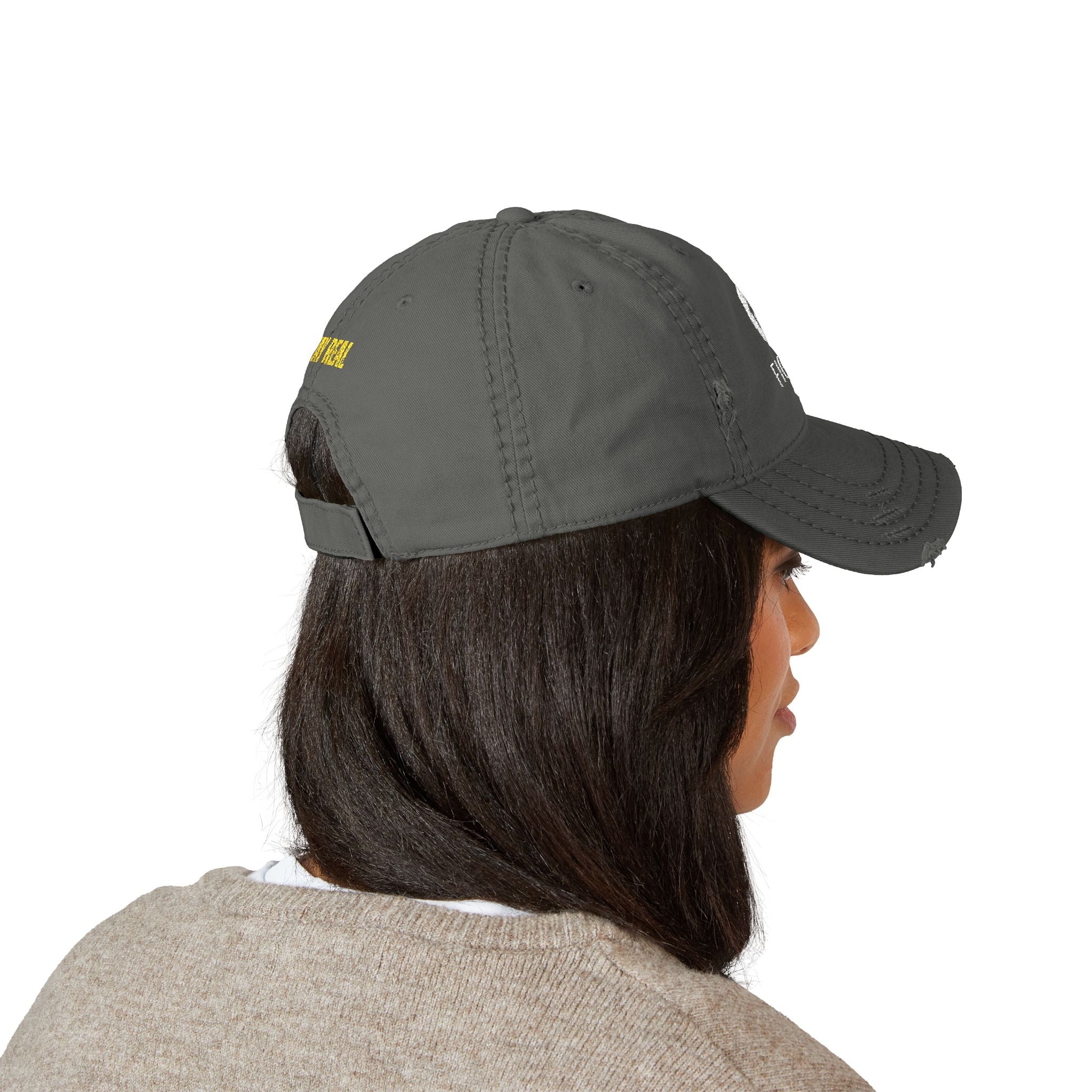 Distressed Embroidered Dad Hat — 'FIGIDI' Logo Front & 'STAY REAL' Back