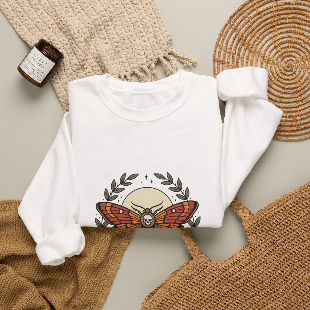 Moth & Roses Traditional Tattoo Crewneck Sweatshirt | Vintage Flash, Bold Outline