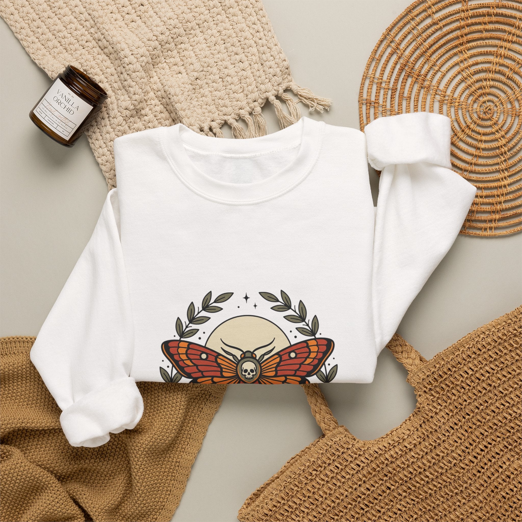 Moth & Roses Traditional Tattoo Crewneck Sweatshirt | Vintage Flash, Bold Outline
