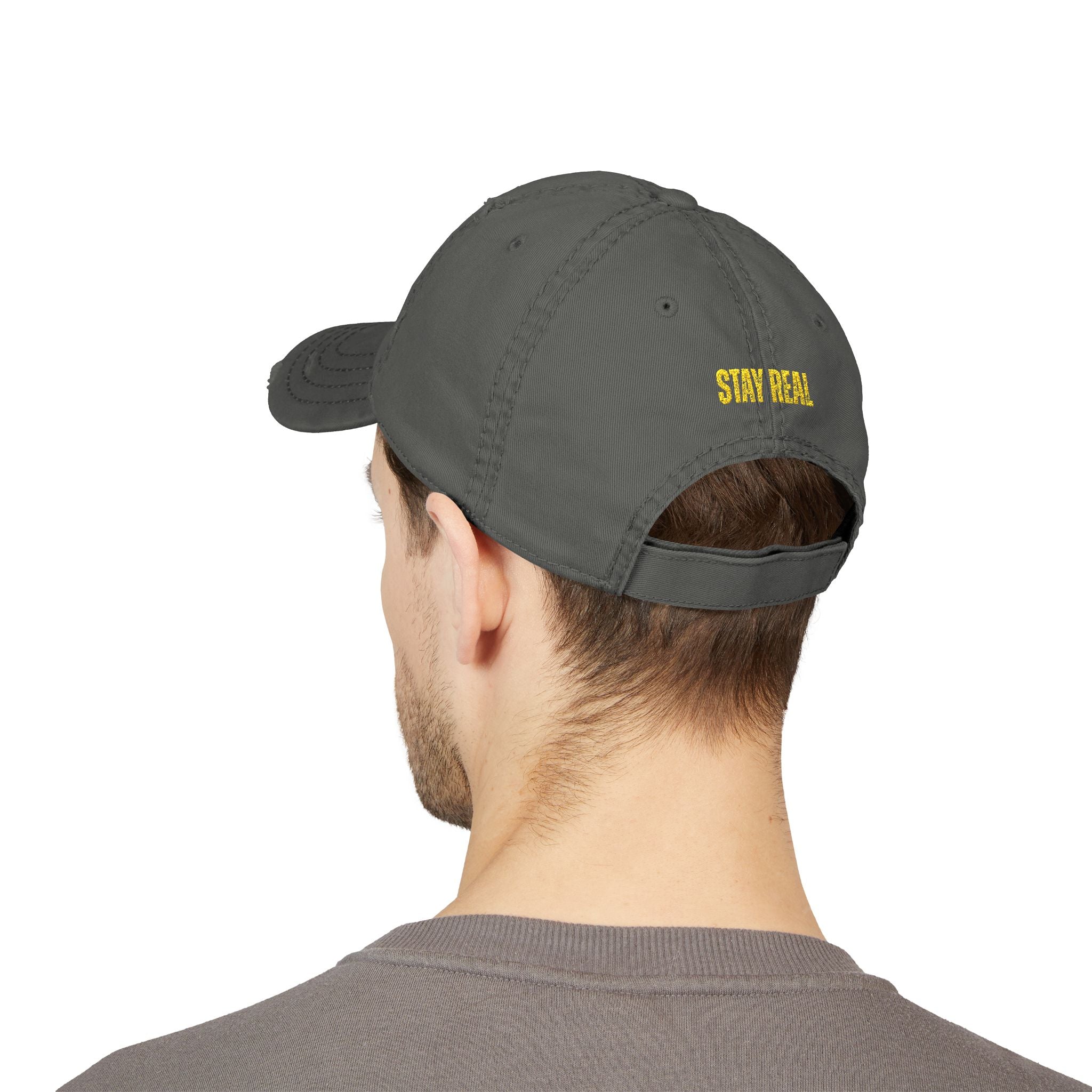 Distressed Embroidered Dad Hat — 'FIGIDI' Logo Front & 'STAY REAL' Back
