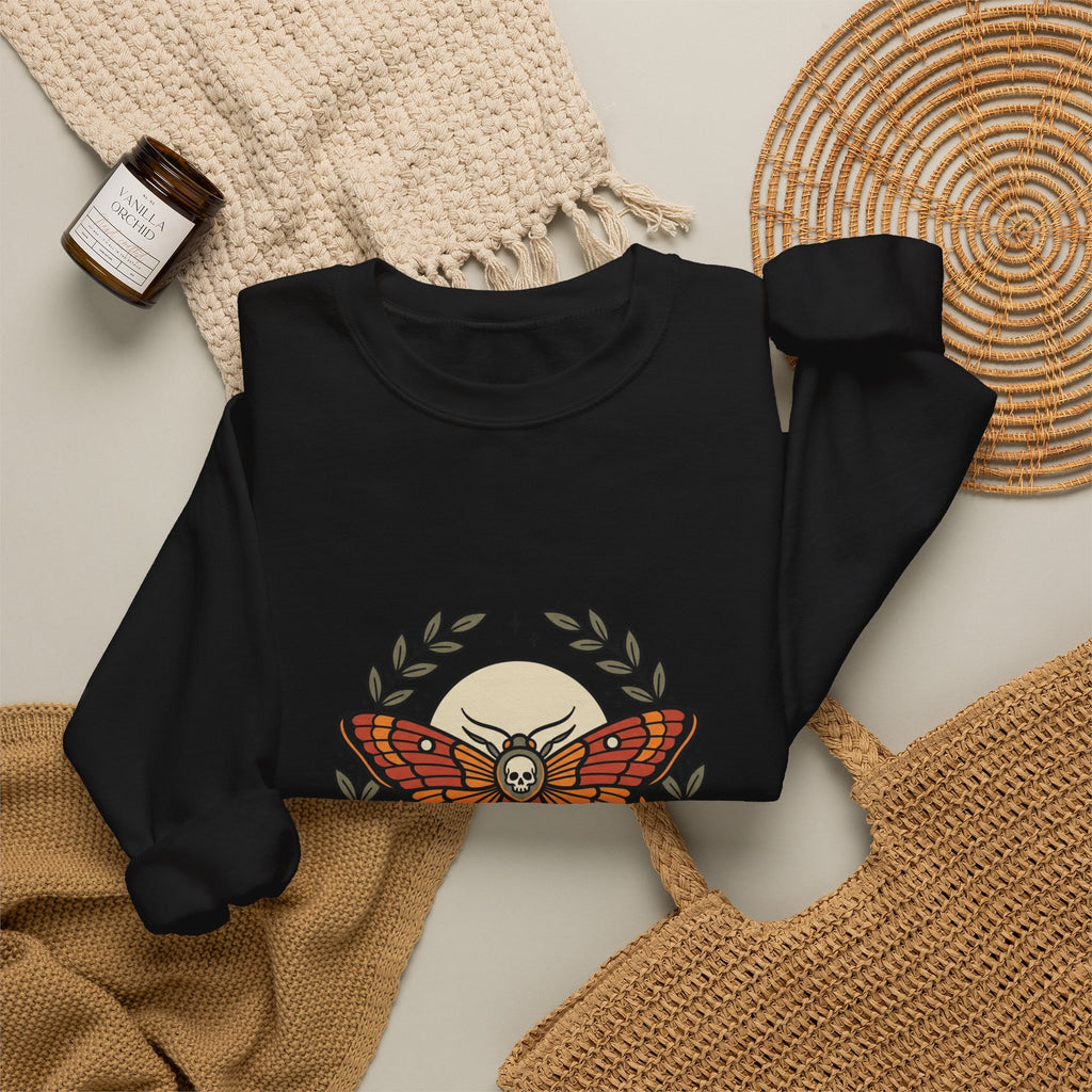 Moth & Roses Traditional Tattoo Crewneck Sweatshirt | Vintage Flash, Bold Outline