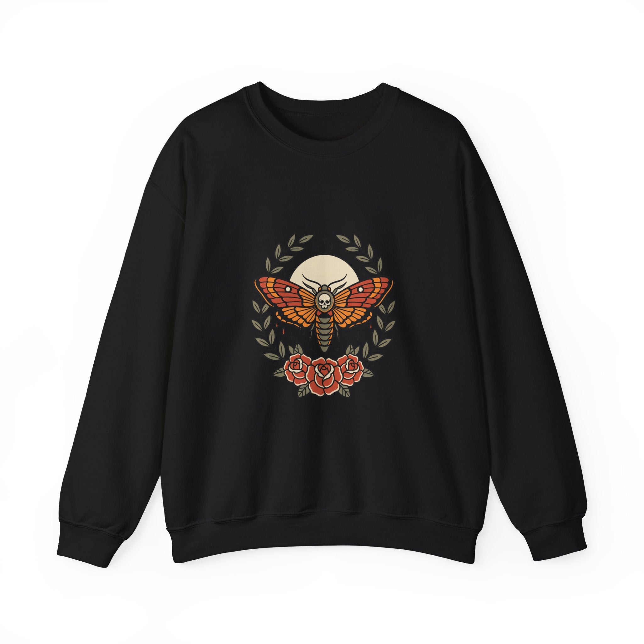 Moth & Roses Traditional Tattoo Crewneck Sweatshirt | Vintage Flash, Bold Outline
