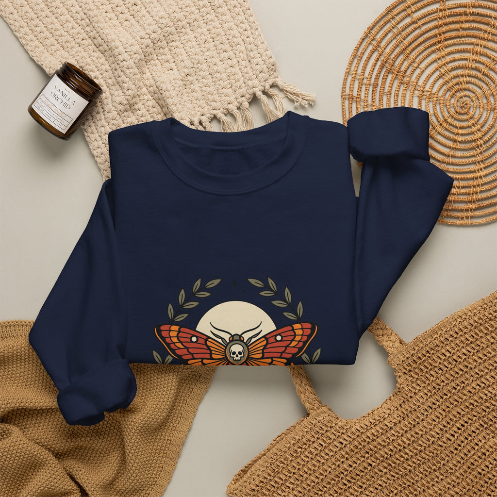 Moth & Roses Traditional Tattoo Crewneck Sweatshirt | Vintage Flash, Bold Outline