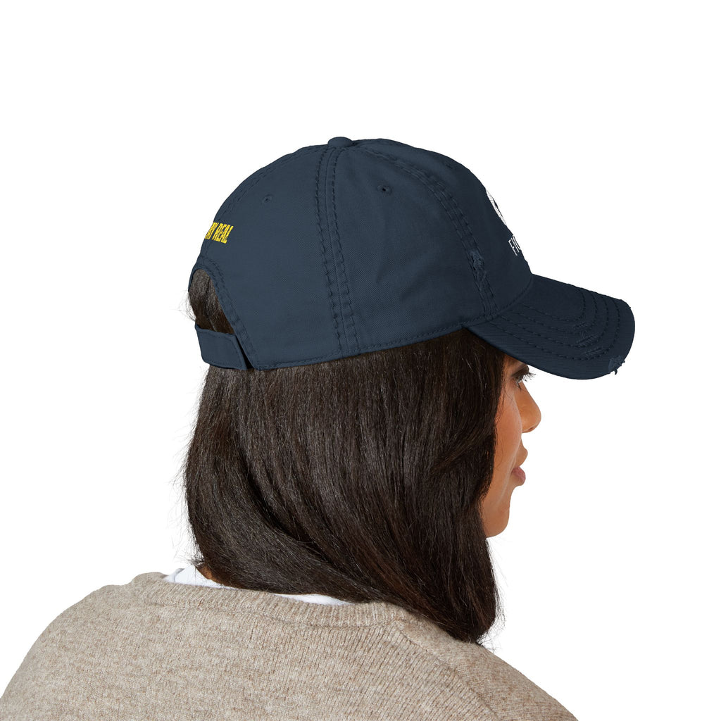 Distressed Embroidered Dad Hat — 'FIGIDI' Logo Front & 'STAY REAL' Back
