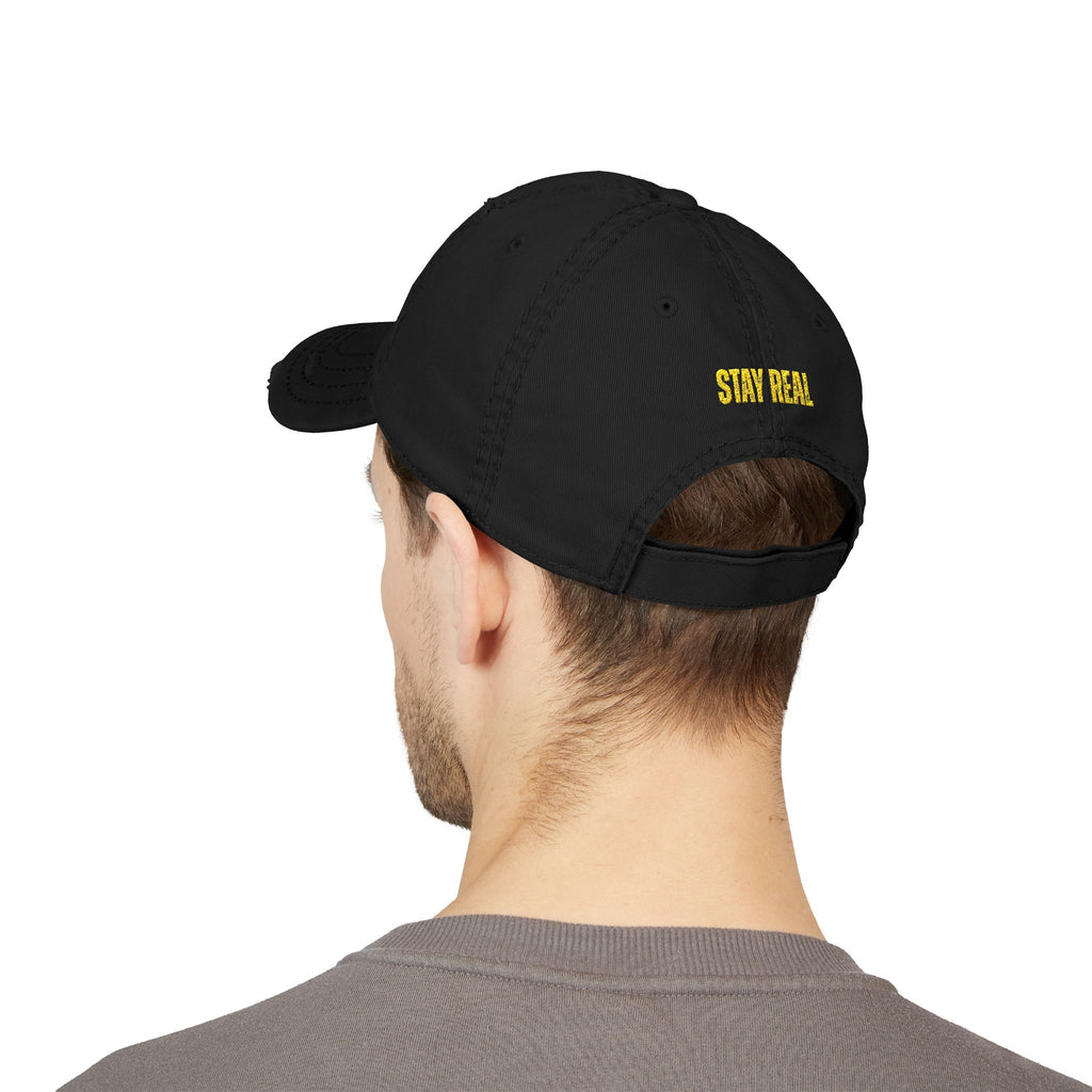 Distressed Embroidered Dad Hat — 'FIGIDI' Logo Front & 'STAY REAL' Back