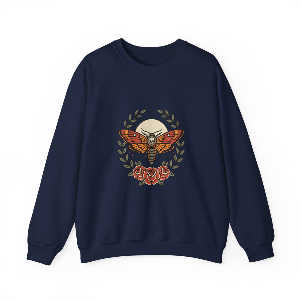 Moth & Roses Traditional Tattoo Crewneck Sweatshirt | Vintage Flash, Bold Outline