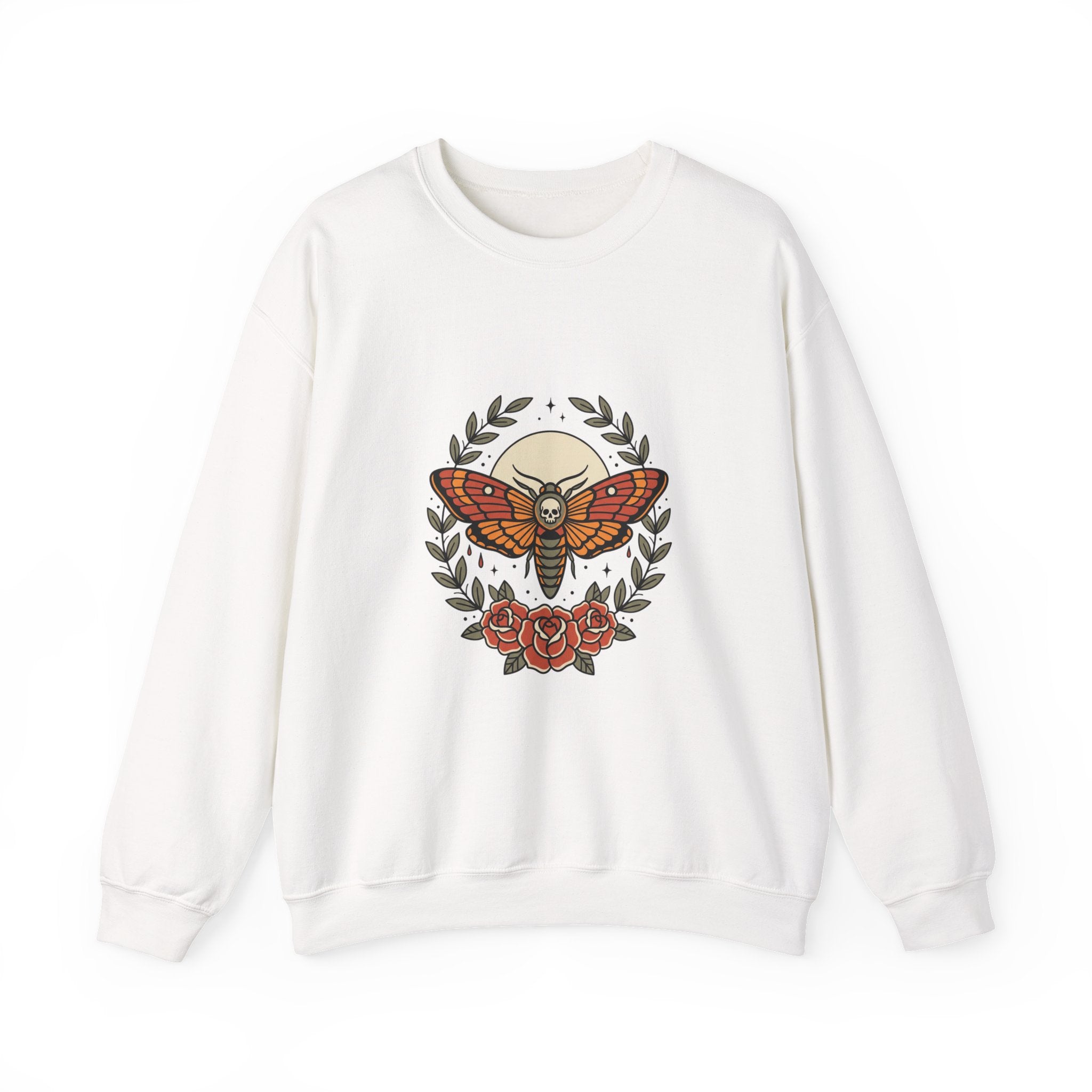 Moth & Roses Traditional Tattoo Crewneck Sweatshirt | Vintage Flash, Bold Outline