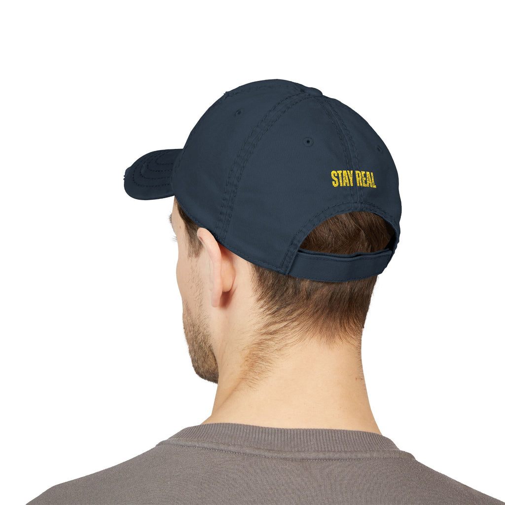 Distressed Embroidered Dad Hat — 'FIGIDI' Logo Front & 'STAY REAL' Back