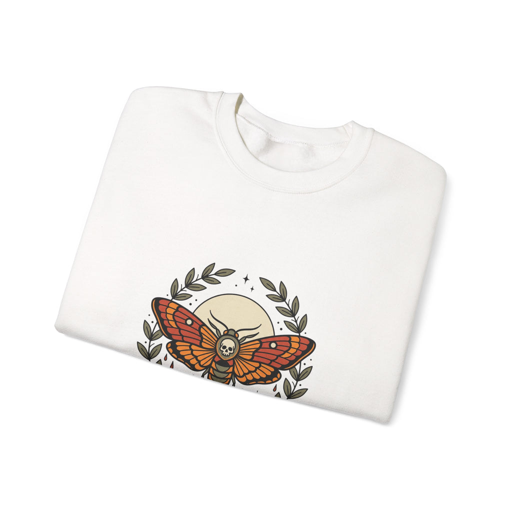 Moth & Roses Traditional Tattoo Crewneck Sweatshirt | Vintage Flash, Bold Outline
