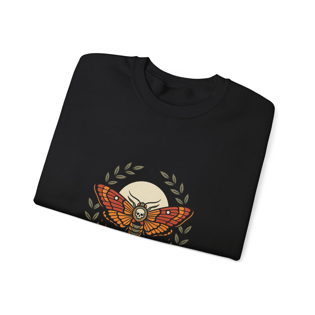 Moth & Roses Traditional Tattoo Crewneck Sweatshirt | Vintage Flash, Bold Outline