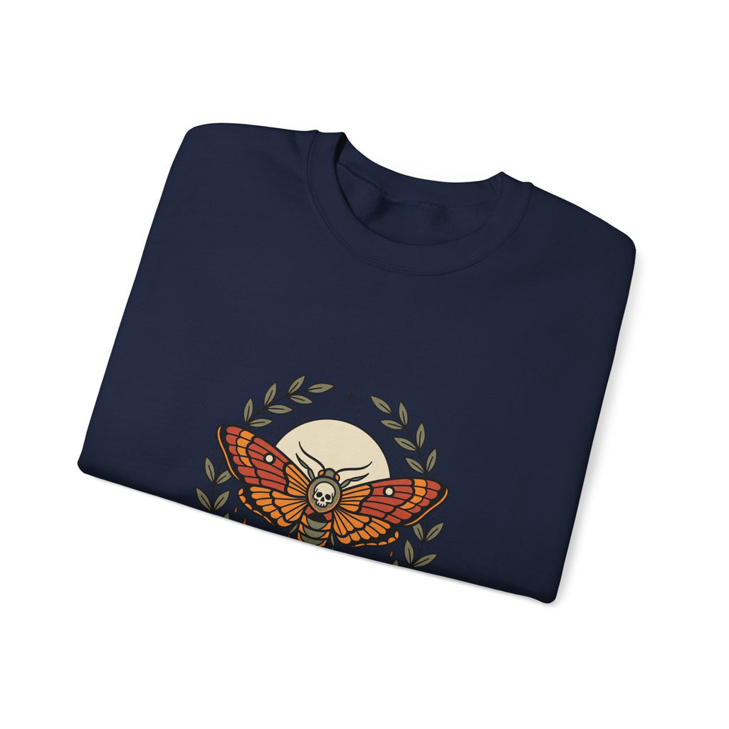 Moth & Roses Traditional Tattoo Crewneck Sweatshirt | Vintage Flash, Bold Outline
